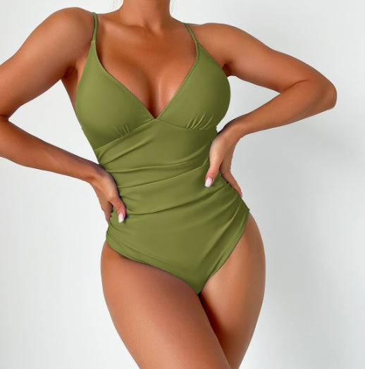 Women's Solid Deep V-Neck Swimsuit - Summer Essential