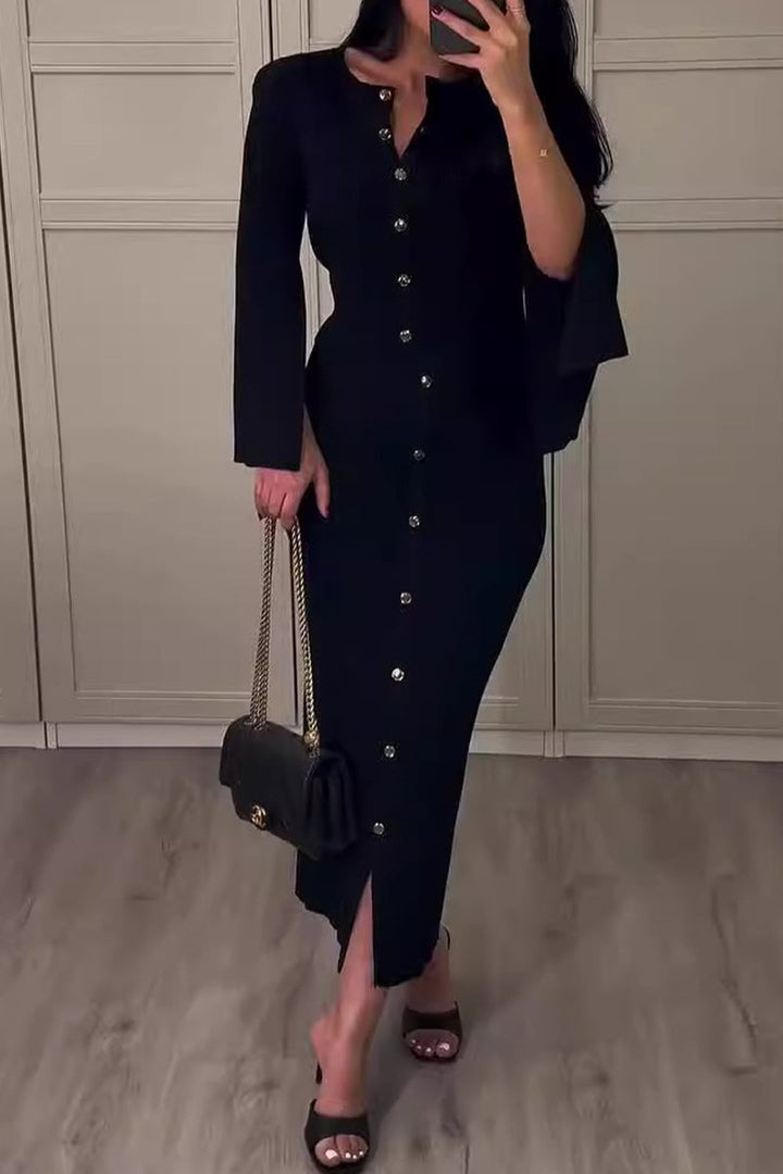 Women's Elegant Buckle O-Neck Long Sleeve Two-Piece Set - Polished