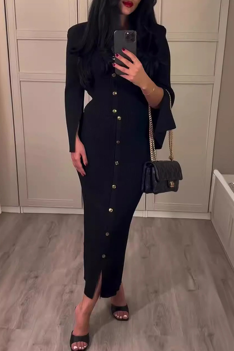 Women's Elegant Buckle O-Neck Long Sleeve Two-Piece Set - Polished