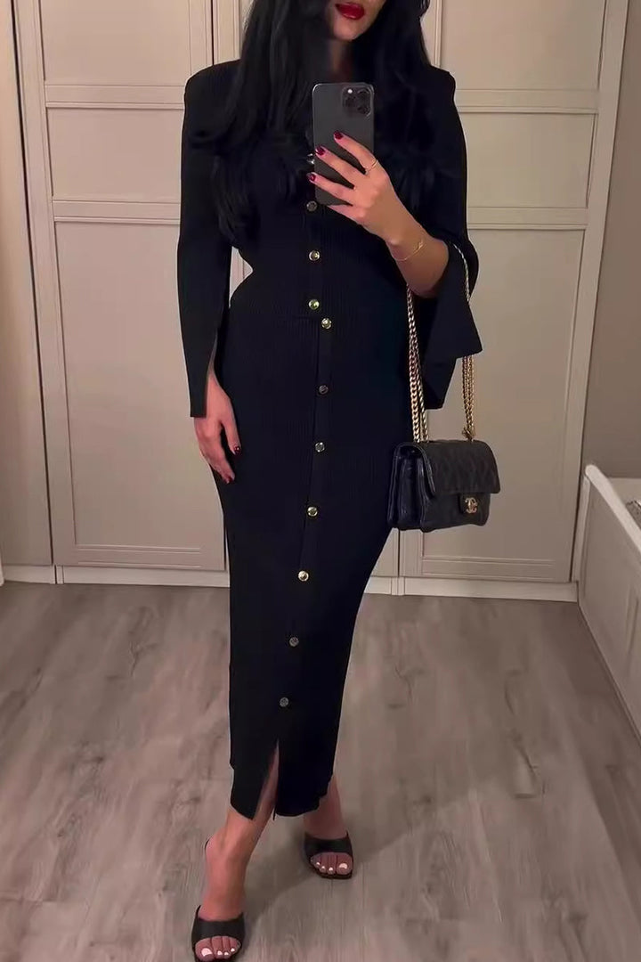 Women's Elegant Buckle O-Neck Long Sleeve Two-Piece Set - Polished