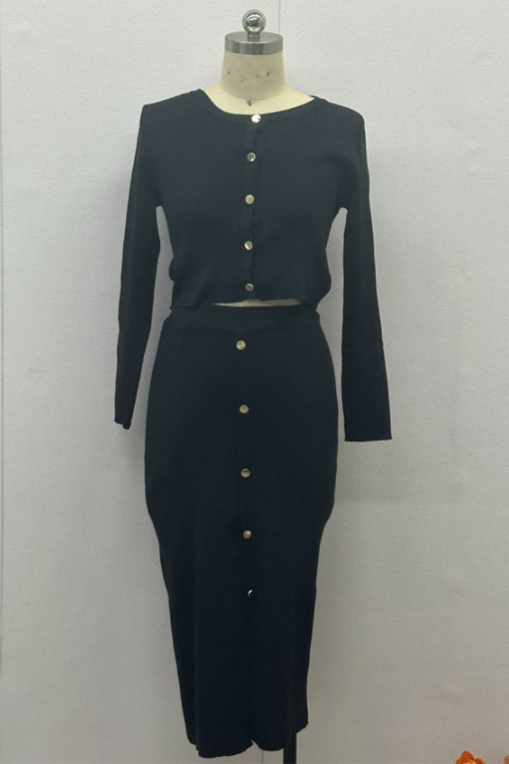 Women's Elegant Buckle O-Neck Long Sleeve Two-Piece Set - Polished