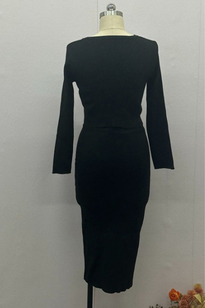 Women's Elegant Buckle O-Neck Long Sleeve Two-Piece Set - Polished