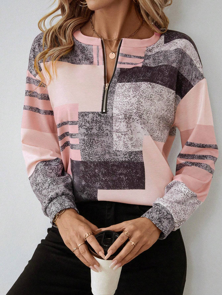 Women's Abstract Print Zip Front Blouse - Modern Everyday Top