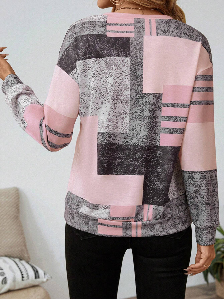 Women's Abstract Print Zip Front Blouse - Modern Everyday Top
