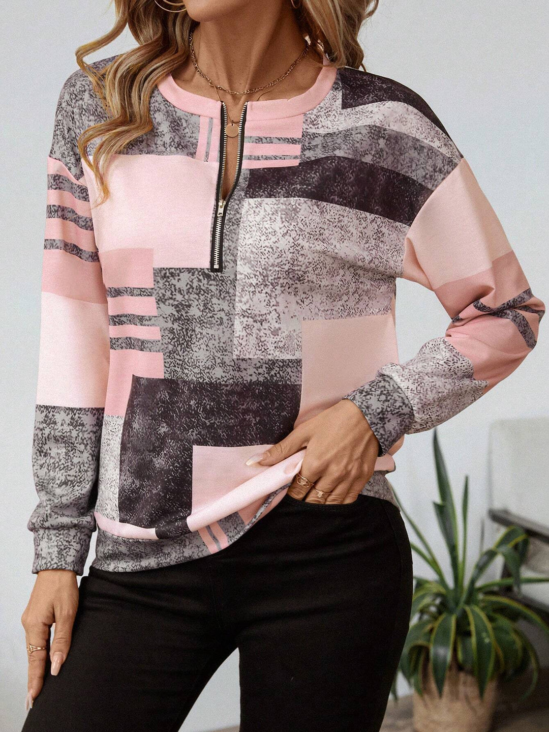 Women's Abstract Print Zip Front Blouse - Modern Everyday Top