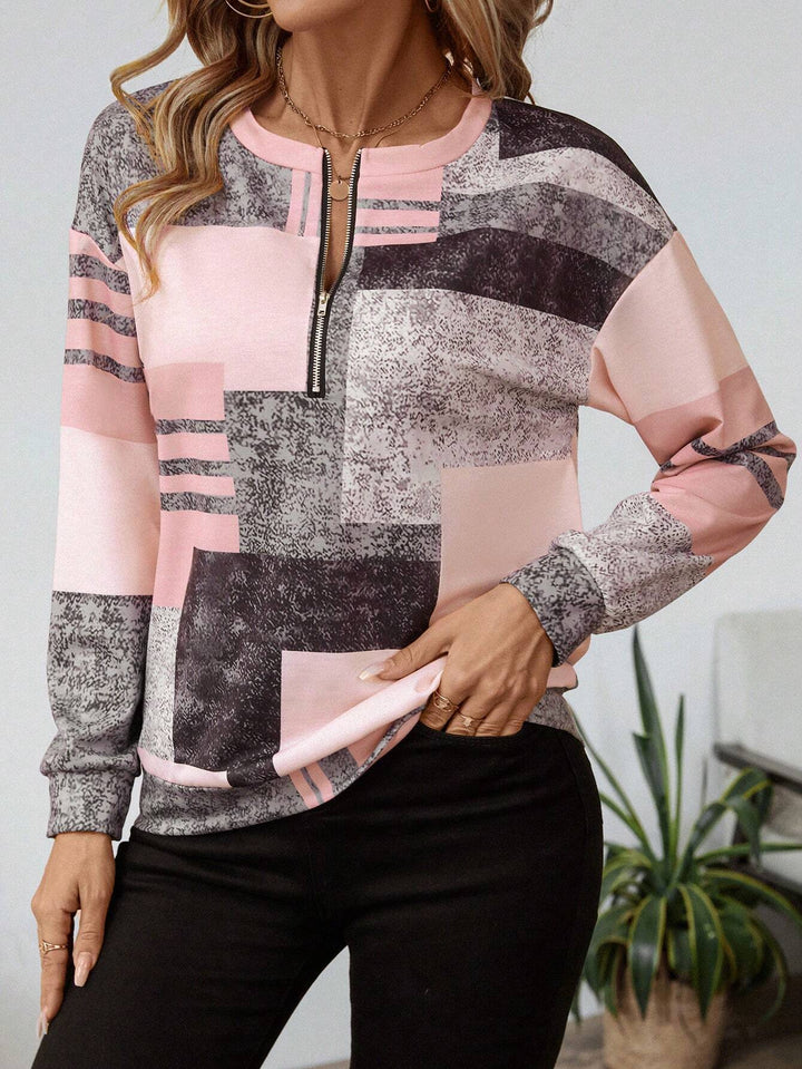 Women's Abstract Print Zip Front Blouse - Modern Everyday Top