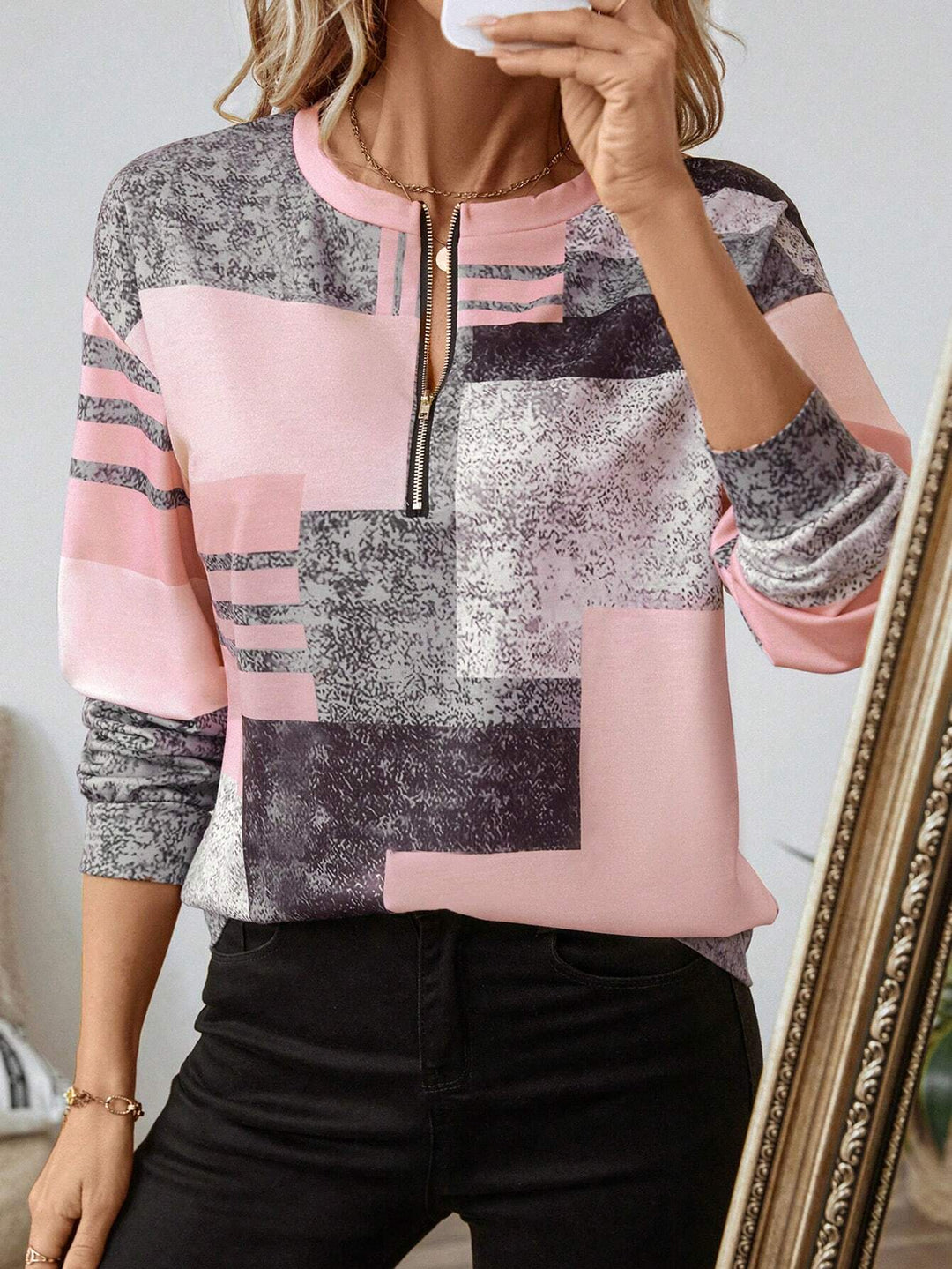 Women's Abstract Print Zip Front Blouse - Modern Everyday Top