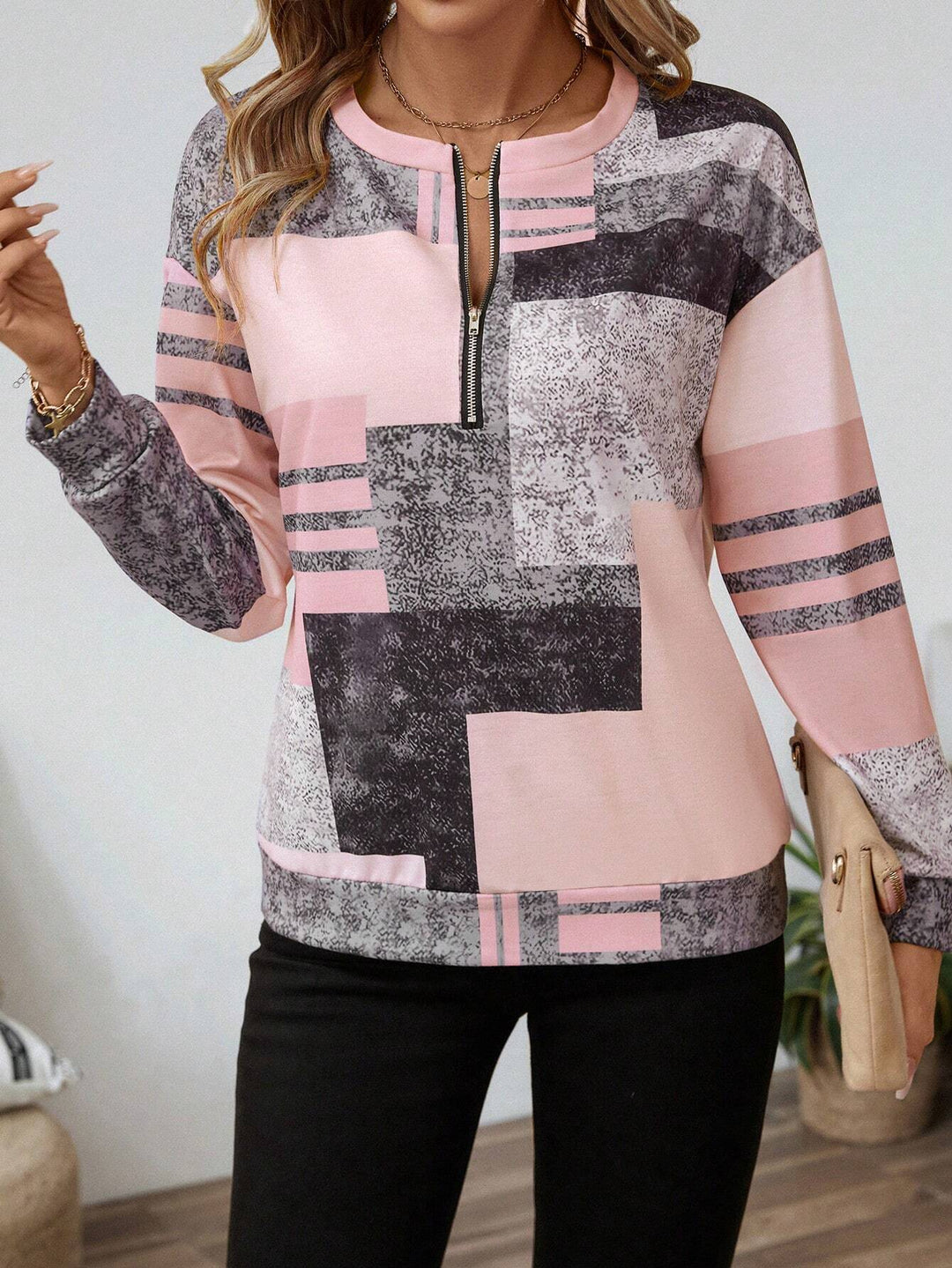 Women's Abstract Print Zip Front Blouse - Modern Everyday Top