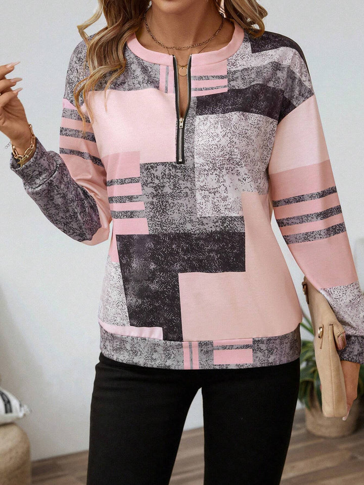 Women's Abstract Print Zip Front Blouse - Modern Everyday Top