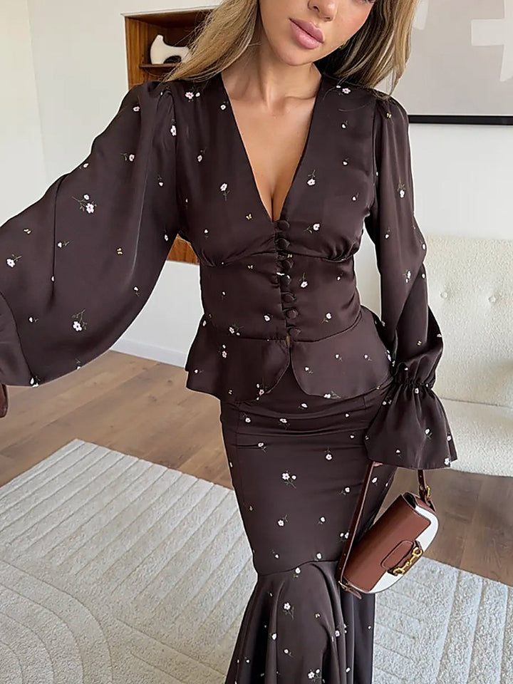 French Chic Polka-Dot Blouse + Fishtail Midi Skirt Set