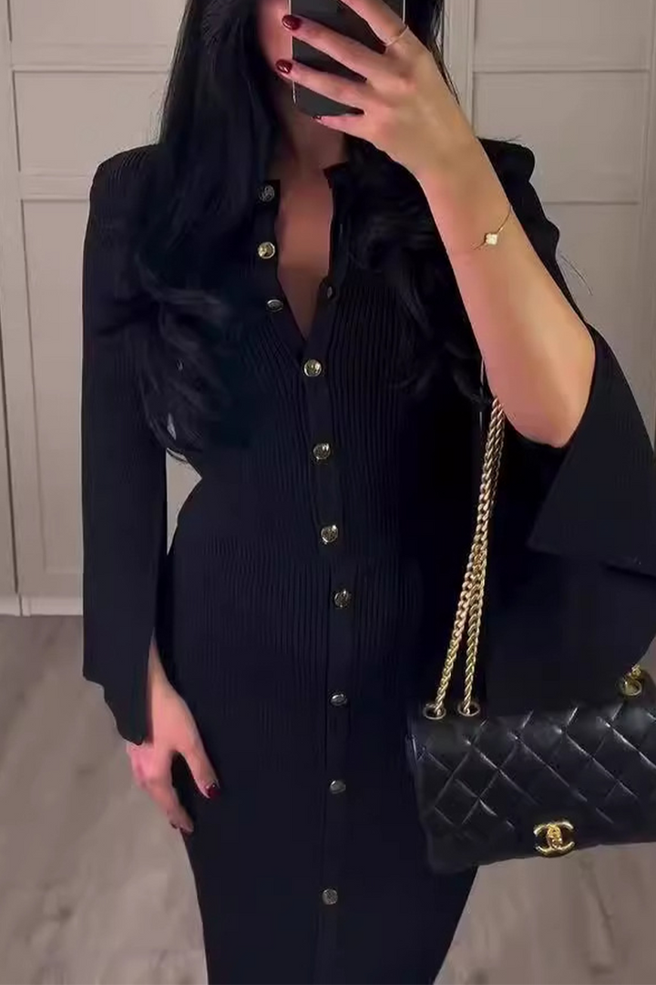 Women's Elegant Buckle O-Neck Long Sleeve Two-Piece Set - Polished