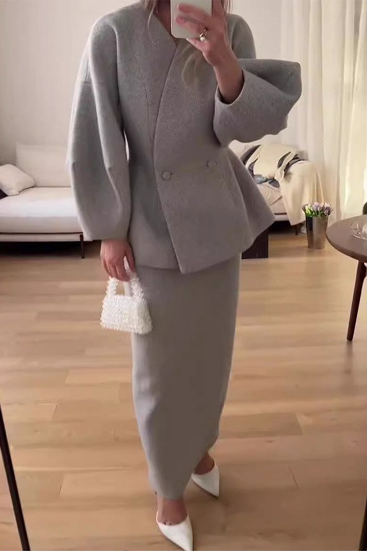 Women's V-Neck Button Long Sleeve Two-Piece Set - Effortless Chic