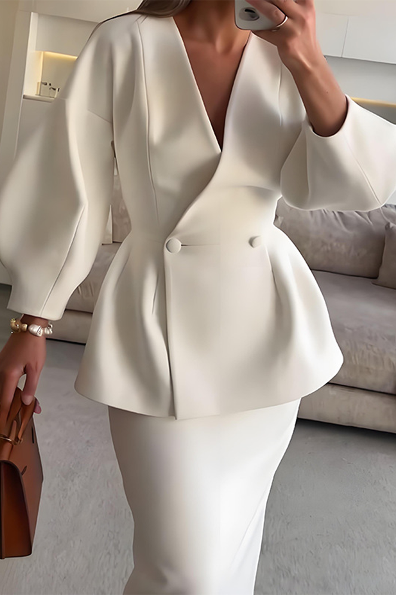 Women's V-Neck Button Long Sleeve Two-Piece Set - Effortless Chic