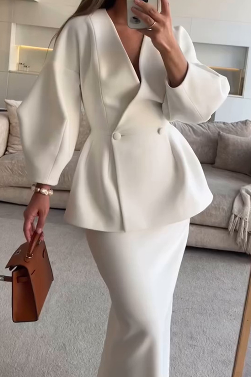 Women's V-Neck Button Long Sleeve Two-Piece Set - Effortless Chic
