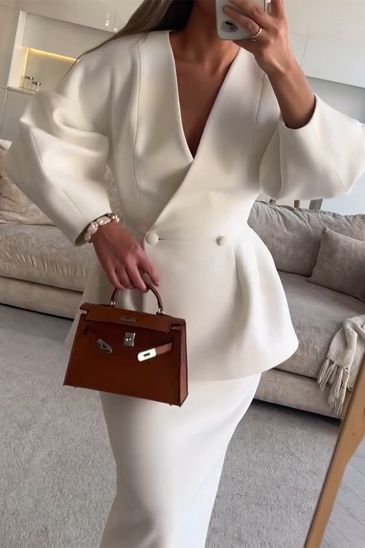 Women's V-Neck Button Long Sleeve Two-Piece Set - Effortless Chic