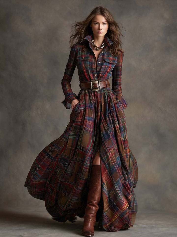 Women's Plaid Maxi Shirt Dress - Effortlessly Elegant & Timeless