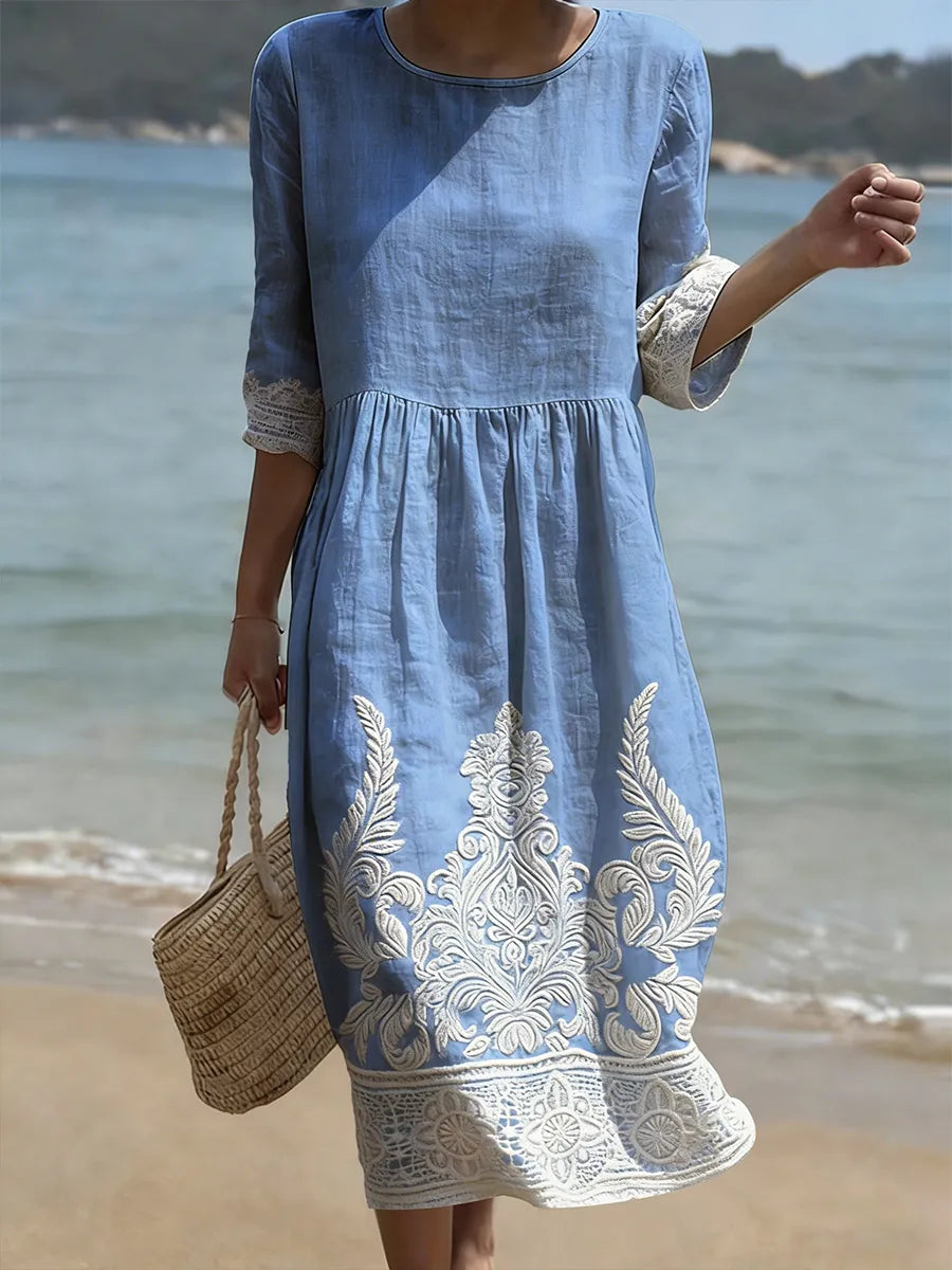 Women's Plant & Flower Print Midi Dress - Effortless Summer Elegance