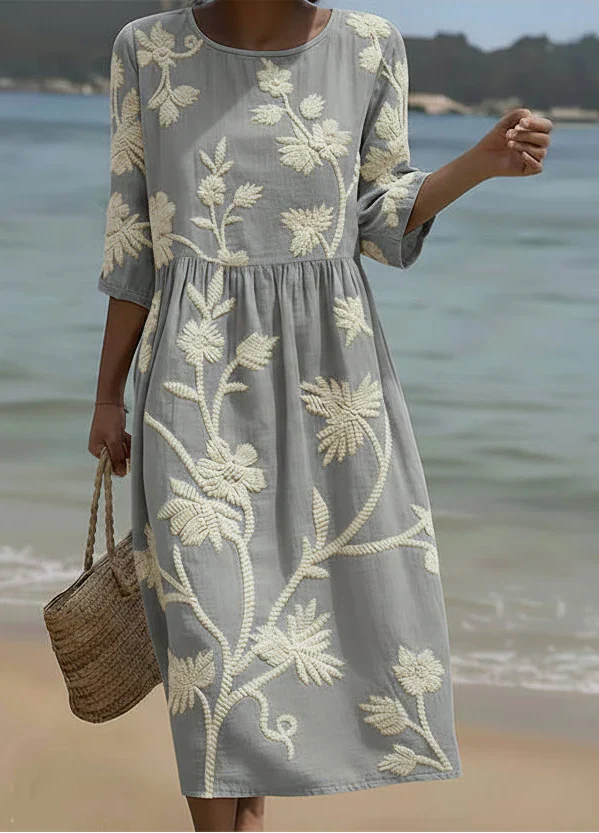 Women's Plant & Flower Print Midi Dress - Effortless Everyday Elegance