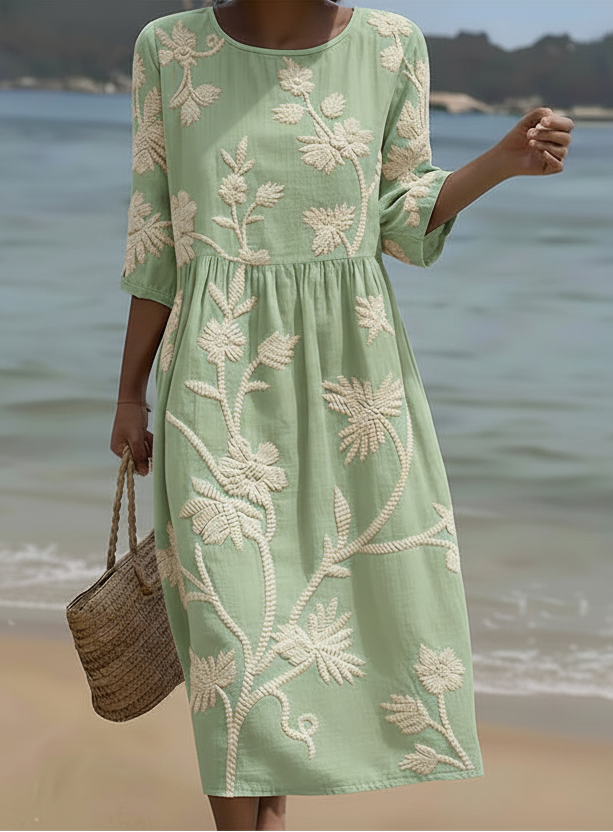 Women's Plant & Flower Print Midi Dress - Effortless Everyday Elegance