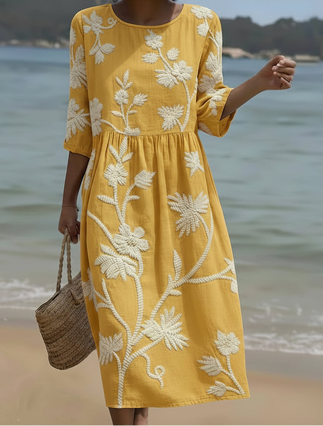 Women's Plant & Flower Print Midi Dress - Effortless Elegance