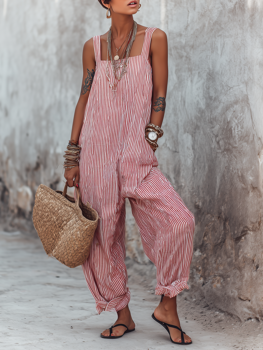 Women's Striped Square Neck Jumpsuit - Sleeveless & Soft Cut
