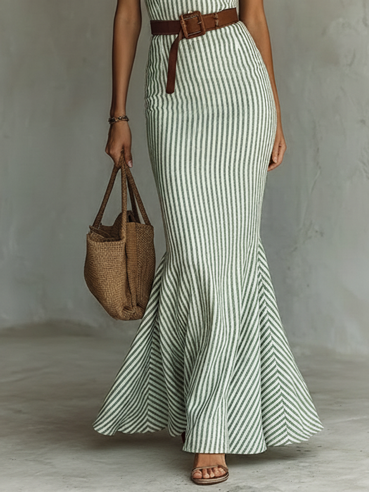 Women's Striped Linen Blend Fishtail Bodycon Maxi Dress - Chic Evening