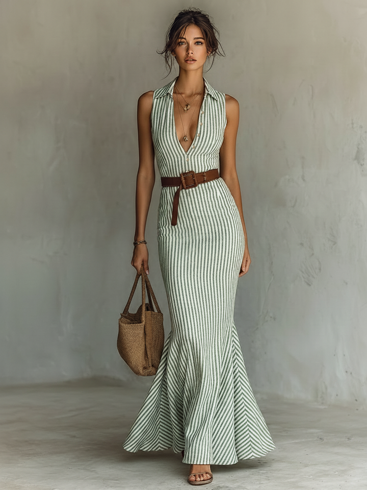 Women's Striped Linen Blend Fishtail Bodycon Maxi Dress - Chic Evening