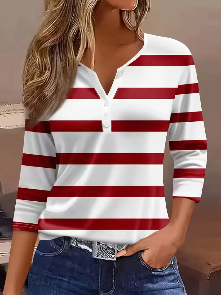 Women's Striped Button Henley Top - Effortless Everyday Style