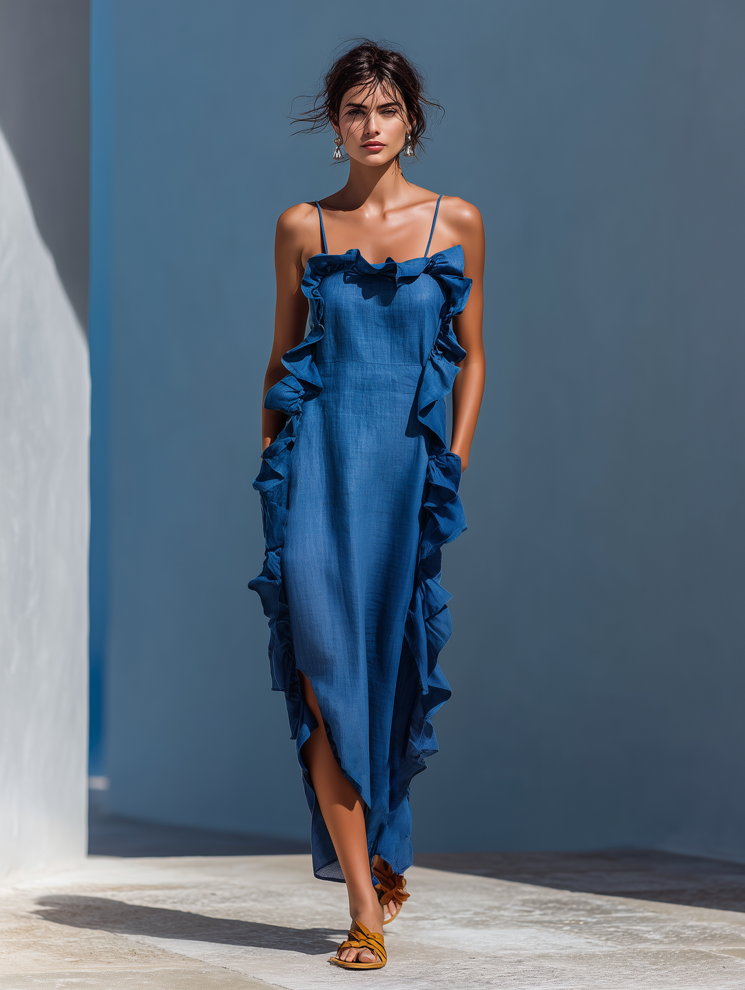 Women's Linen Ruffled Maxi Dress - Breezy Summer Elegance