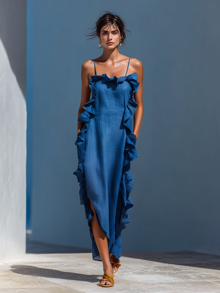 Women's Linen Ruffled Maxi Dress - Breezy Summer Elegance