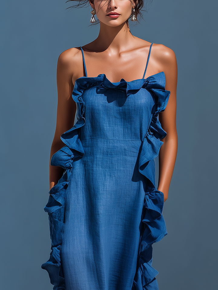 Women's Linen Ruffled Maxi Dress - Breezy Summer Elegance