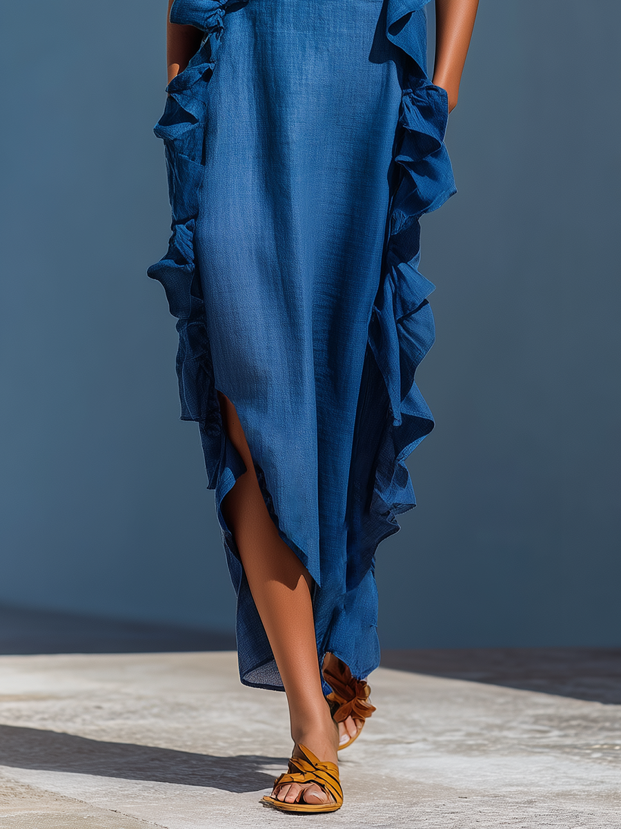 Women's Linen Ruffled Maxi Dress - Breezy Summer Elegance