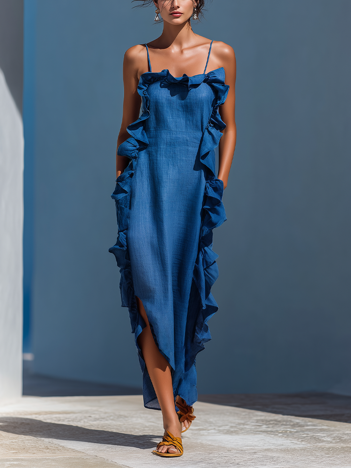 Women's Linen Ruffled Maxi Dress - Breezy Summer Elegance
