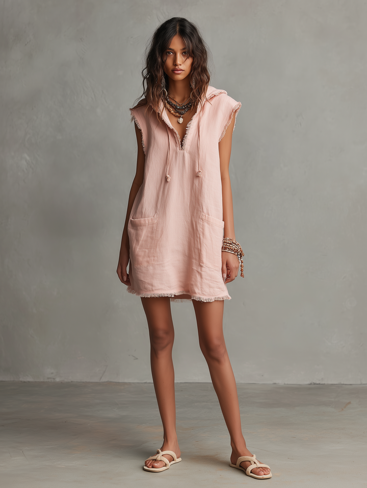 Women's Minimalist Linen Blend Mini Dress with Hood