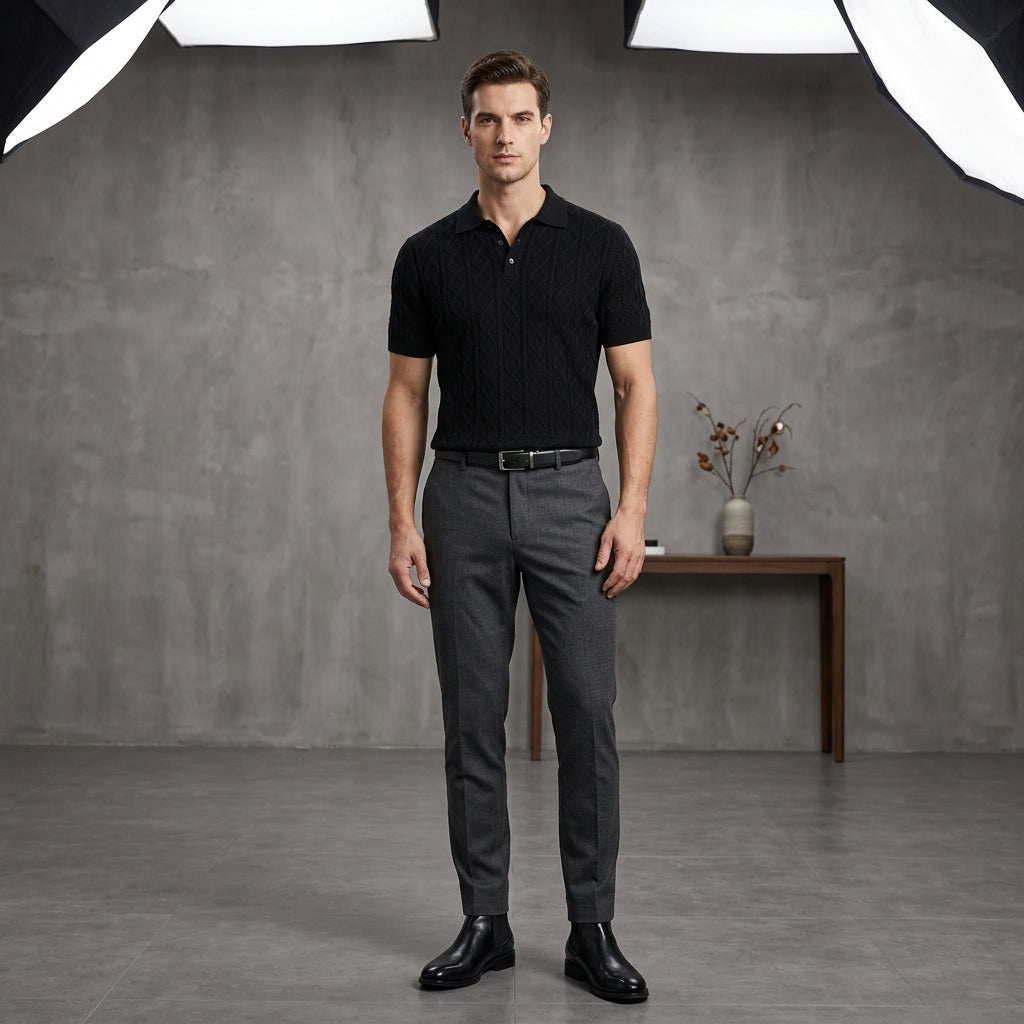 Men's Textured Knit Polo Shirt – Smart-Casual Short Sleeve
