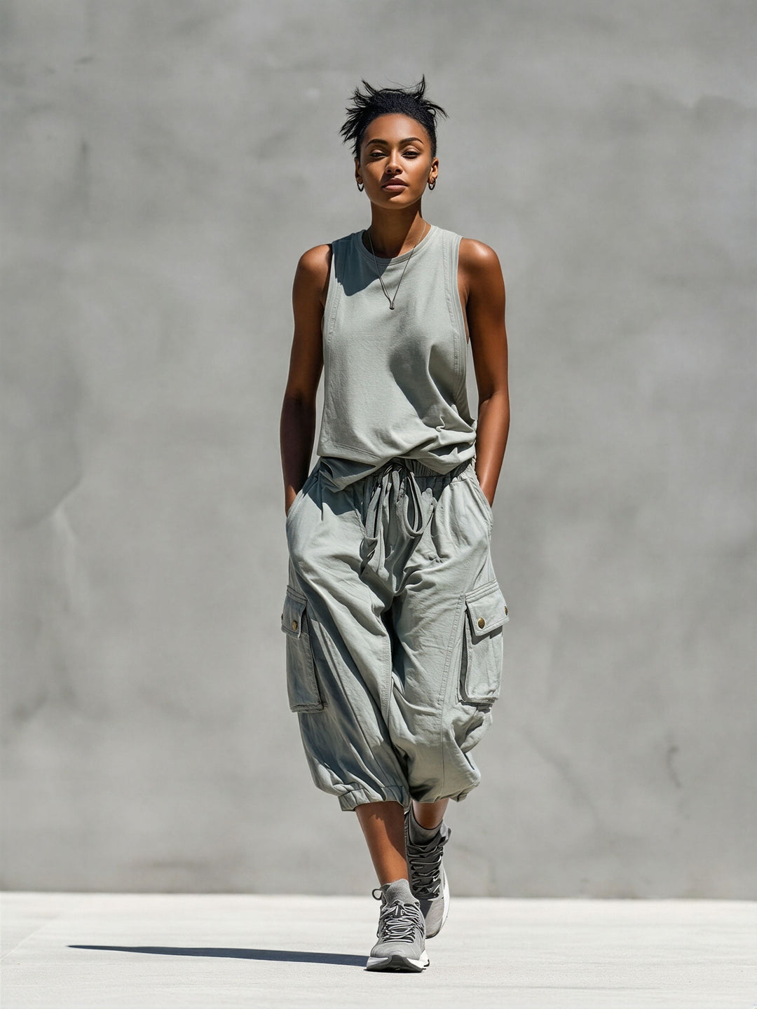 Women's Gray Sleeveless Tank & Cargo Shorts Set - Casual Look