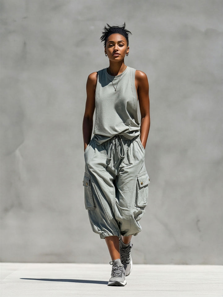 Women's Gray Sleeveless Tank & Cargo Shorts Set - Casual Look
