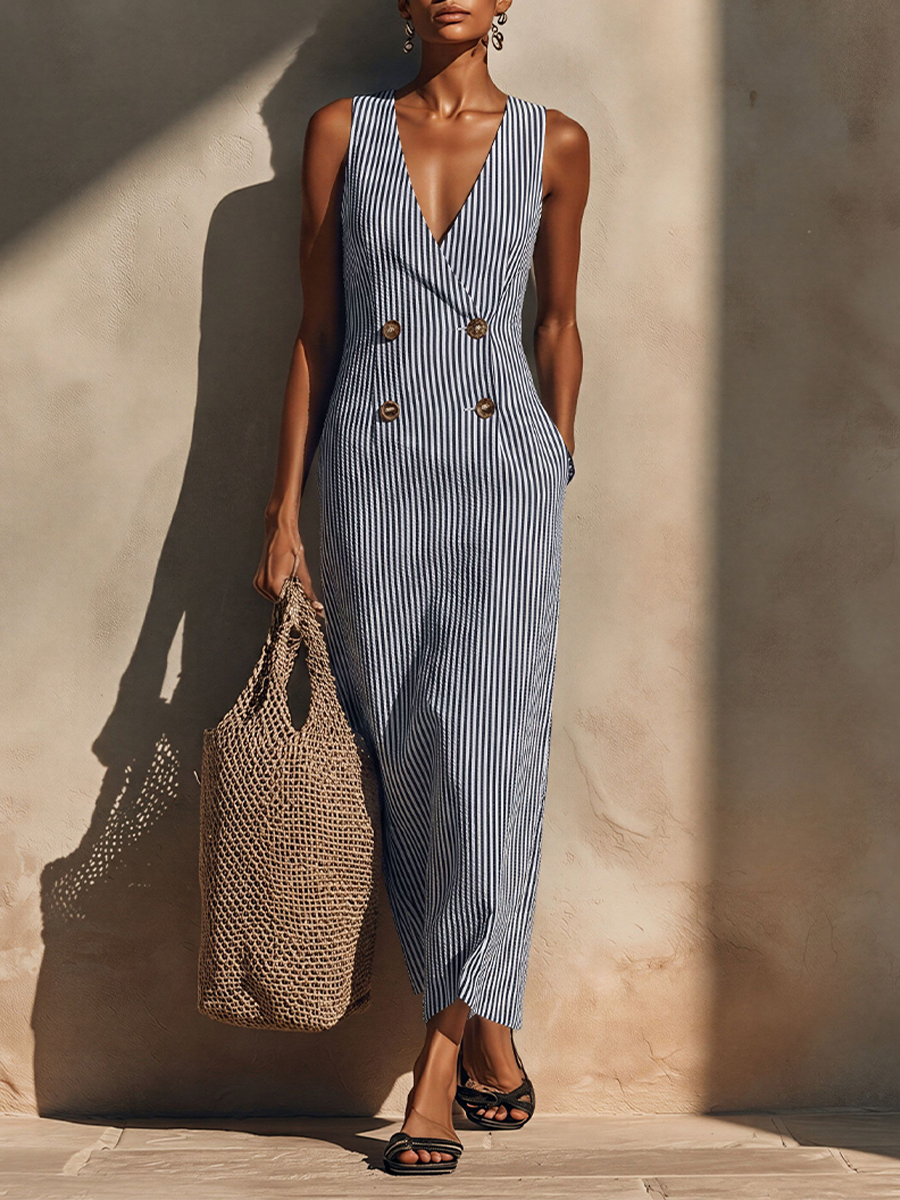 Women's Striped Cotton Blazer Maxi Dress - Timeless Nautical Style