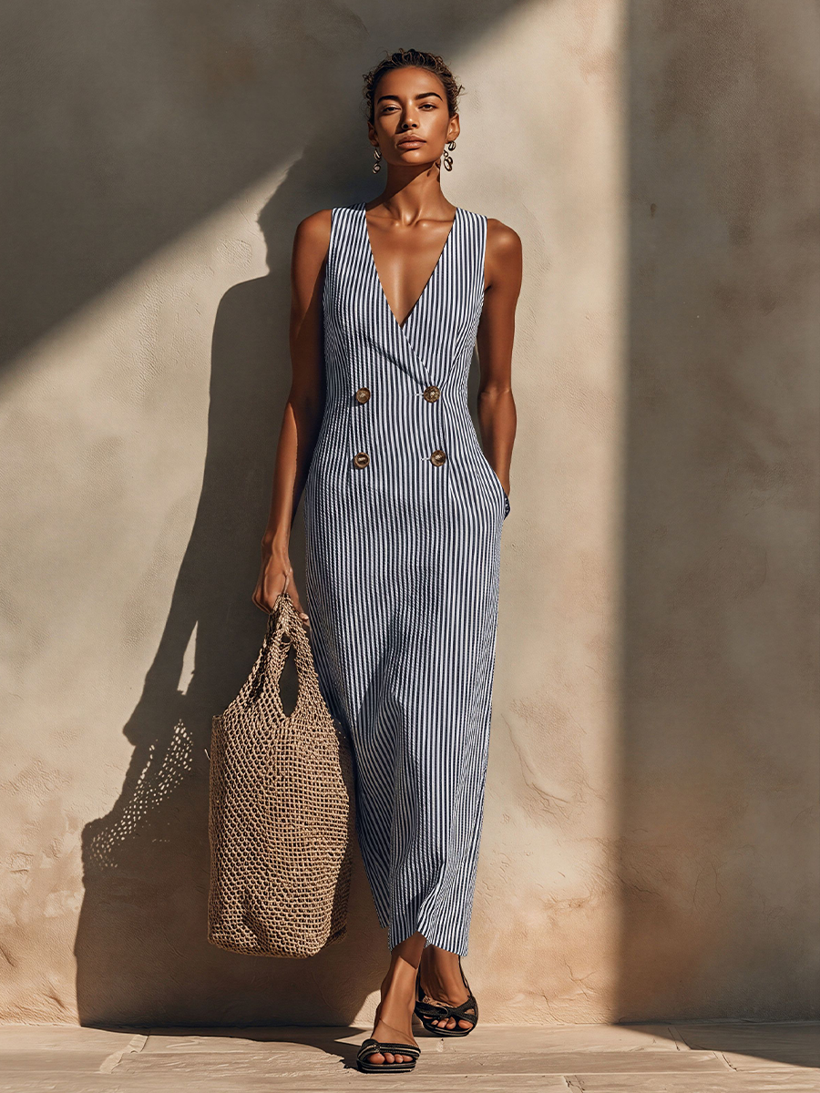 Women's Striped Cotton Blazer Maxi Dress - Timeless Nautical Style