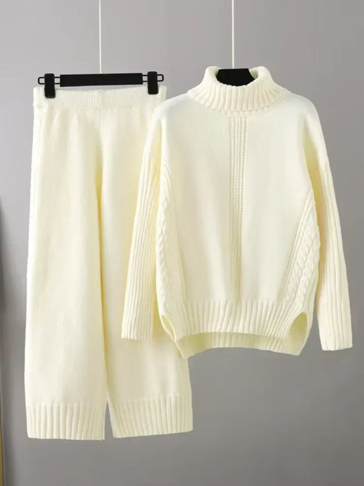 Women's Turtleneck Knit Sweater and Loose Pants Set - Cozy Casual