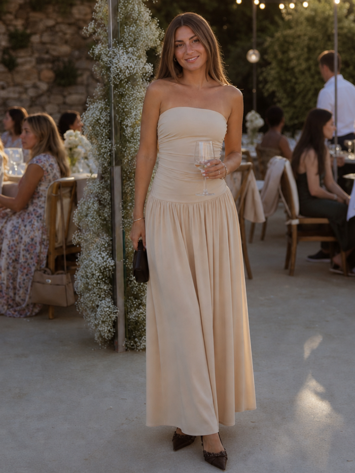 Women's Strapless Ruched Bodice Midi Dress - Effortless Elegance