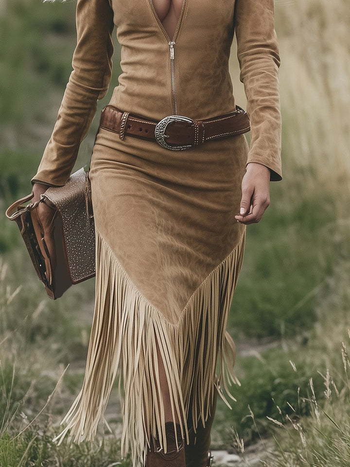 Women's Suede Fringe Dress - Free-Spirited Artistic Style
