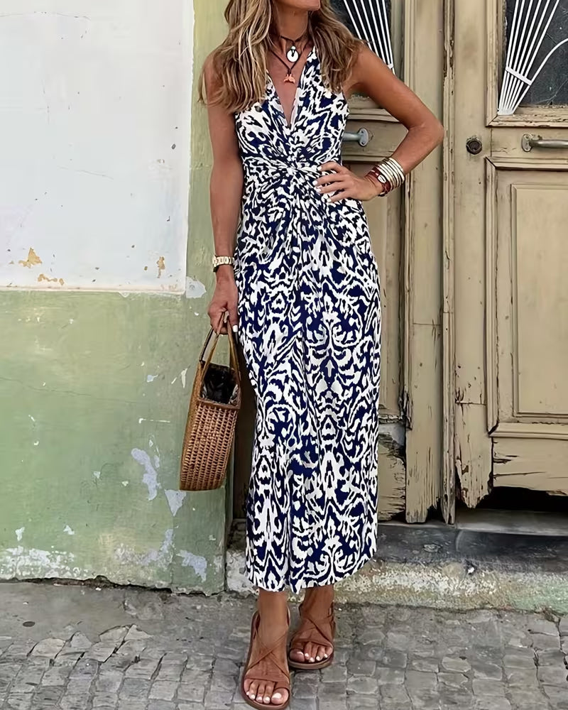 Women's Printed Maxi Dress with Thin Straps - Effortless Summer Style