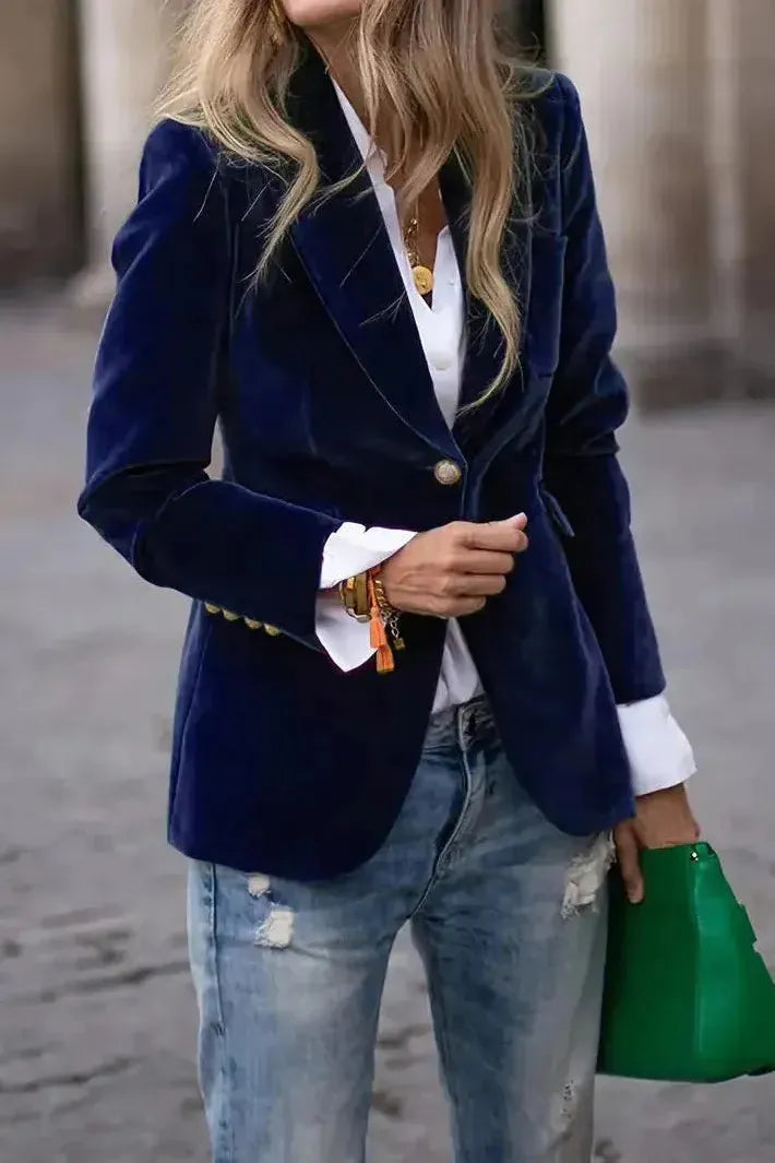 Women's Tailored Blazer with Gold Buttons - Effortless Elegance