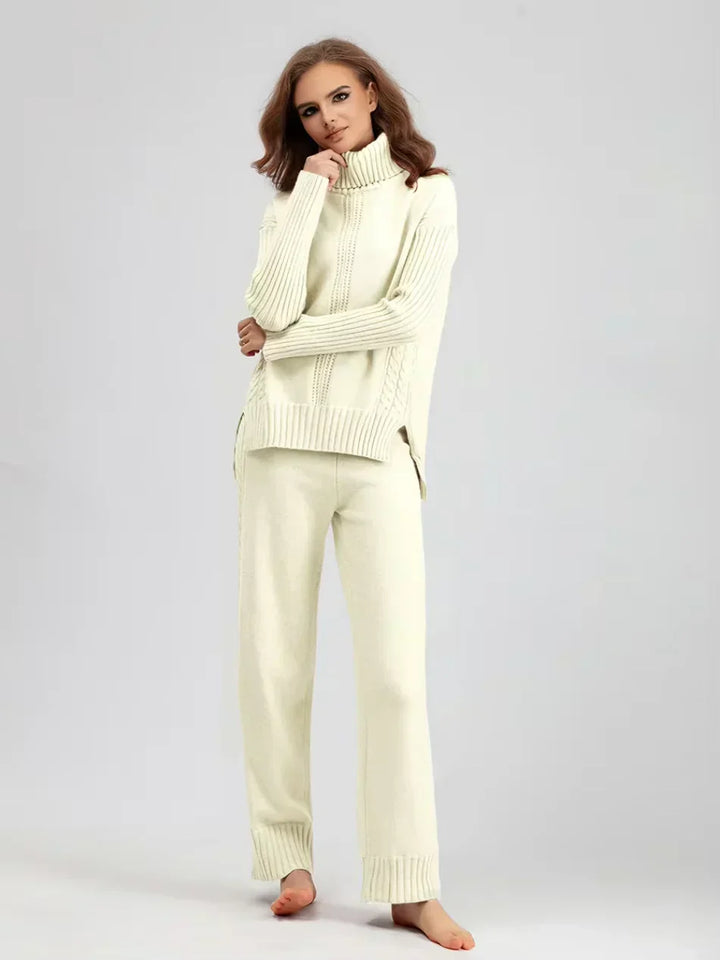 Women's Turtleneck Knit Sweater and Loose Pants Set - Cozy Casual