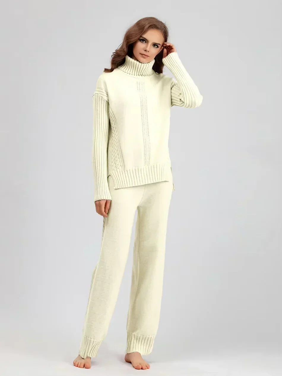 Women's Turtleneck Knit Sweater and Loose Pants Set - Cozy Casual