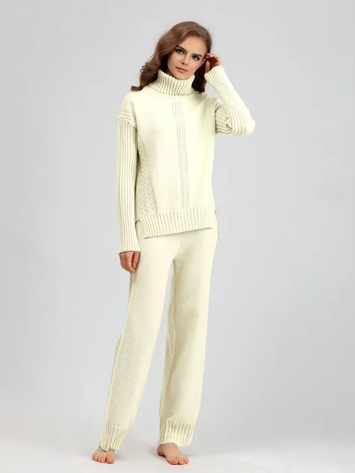 Women's Turtleneck Knit Sweater and Loose Pants Set - Cozy Casual