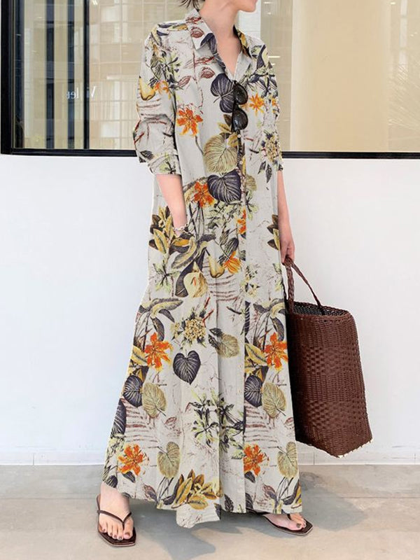 Women's Printed Split-Hem Lapel Shirt Maxi Dress