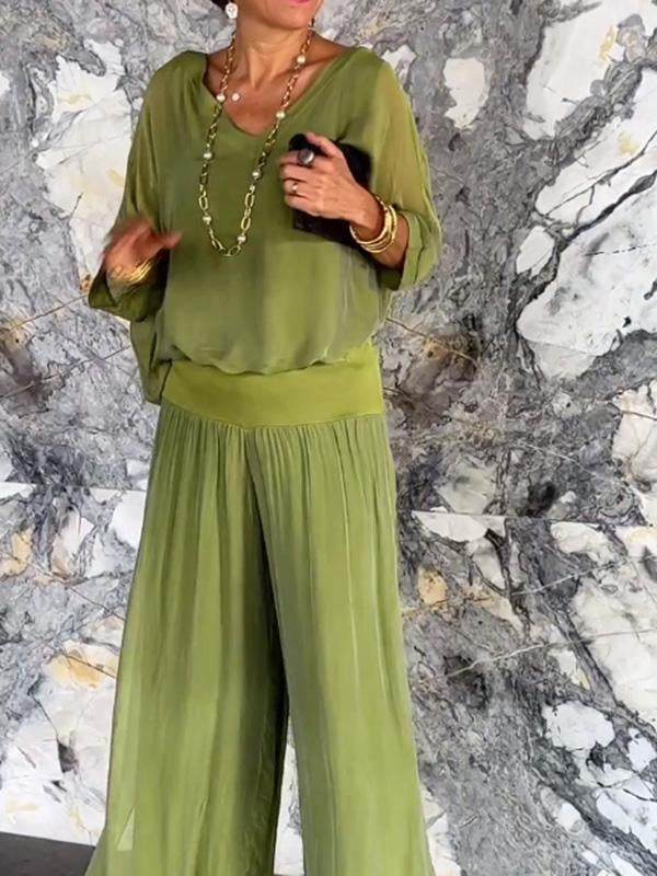 Women's Chiffon Wide-Leg Pants Two-Piece Set - Elegant & Breezy