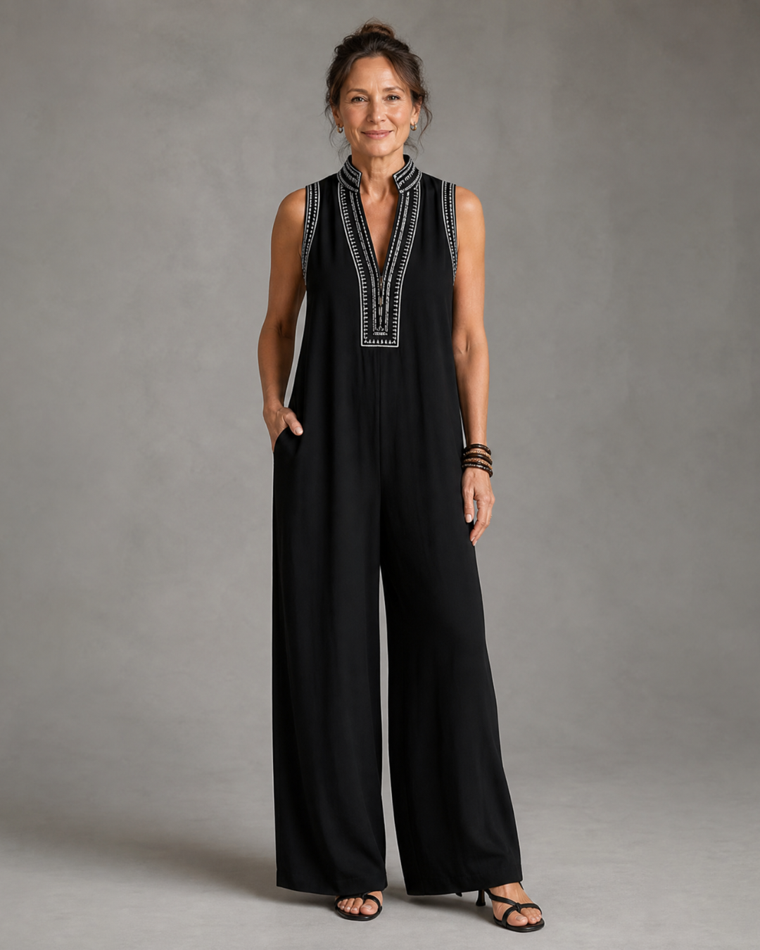 Women's Embroidered V-Neck Sleeveless Wide Leg Jumpsuit